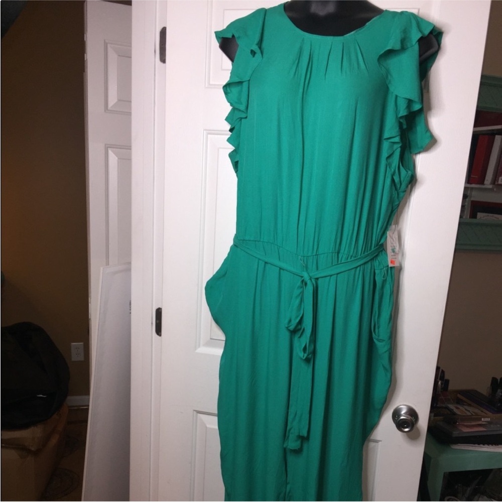 Eloquii Green Smocked Tie Front Jumpsuit